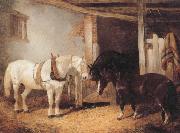 John Frederick Herring, Three Horses in A stable,Feeding From a Manger